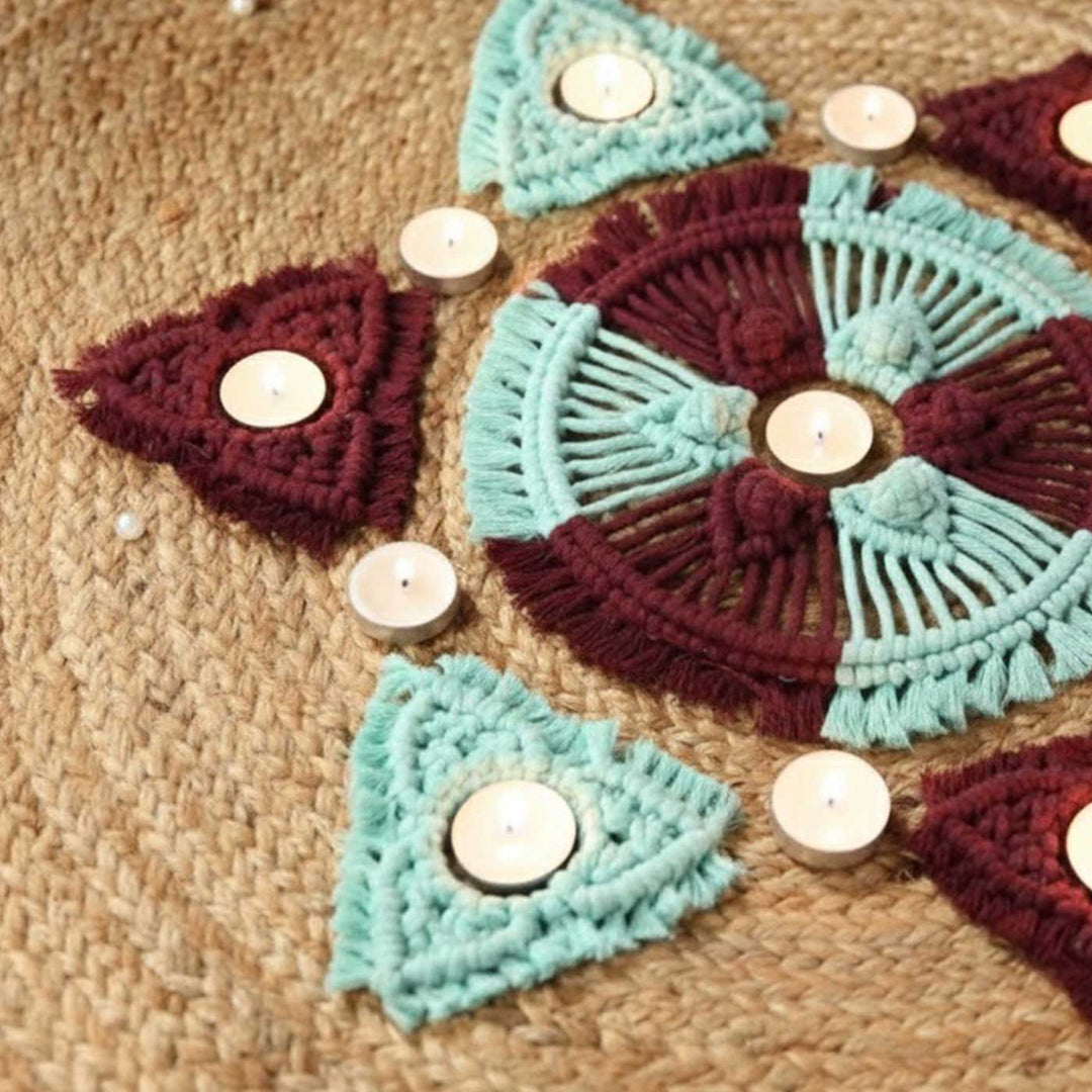 Handmade Macrame Rangoli Design Cotton Tealight Holder | Includes 1 Center Piece, 6 Small Pieces And 10 Tea Light Candles