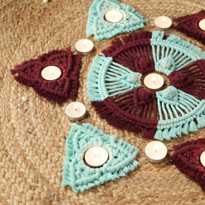 Handmade Macrame Rangoli Design Cotton Tealight Holder | Includes 1 Center Piece, 6 Small Pieces And 10 Tea Light Candles