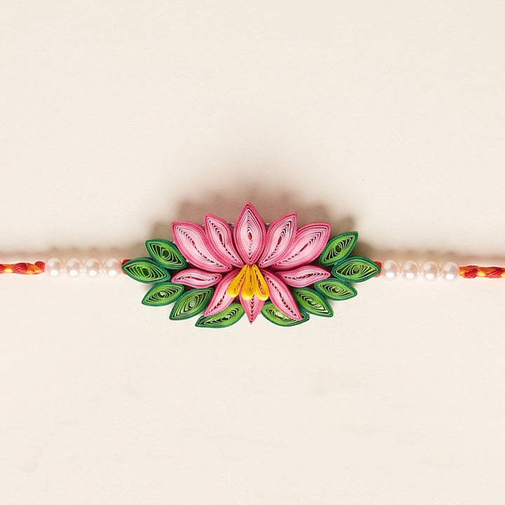 Handmade Paper Quilled Lotus Rakhi With Roli Chawal For Brother