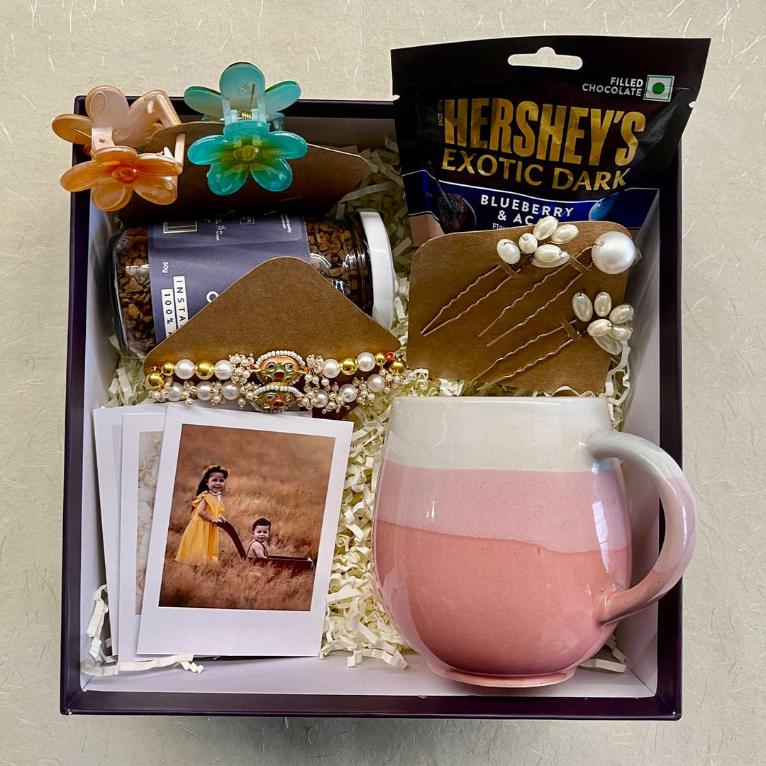 Photo Personalized Handmade Threads And Treasures Rakhi Hamper | Includes 1 Mug, 2 Clips, 5 Photos, 3 Hair Pin, 1 Marble Lotus, 1 Chocolate, 1 Coffee & 1 Set Rakhi