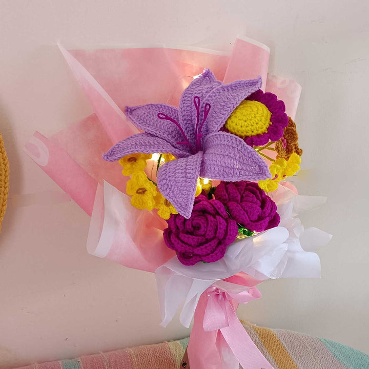 Handmade Crochet Lilac Lily Theme Flower Bouquet With Lights