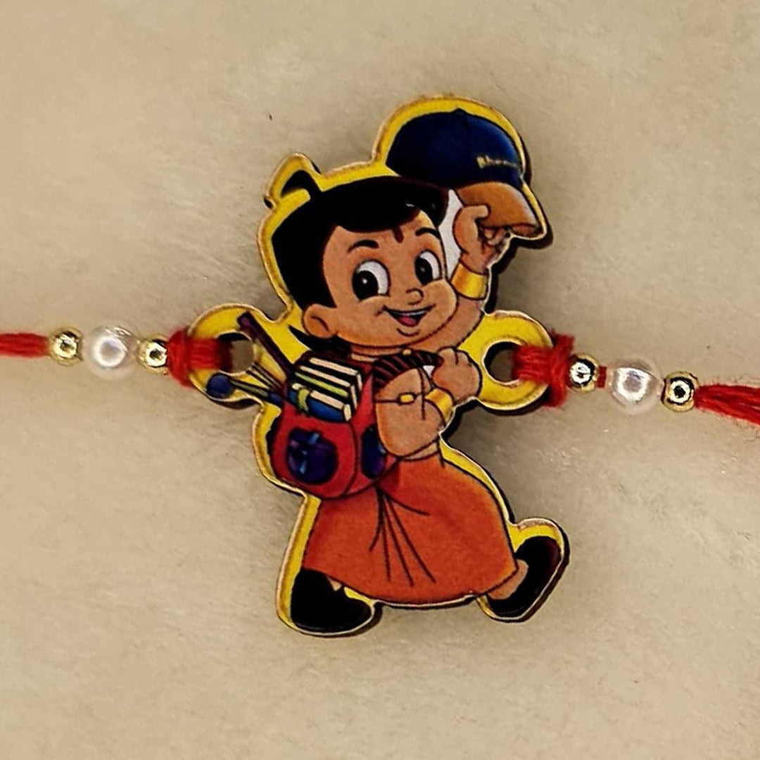 Handmade Chota Bheem Mdf Wood Kids Rakhi With Roli Chawal - Close-up of Character Charm