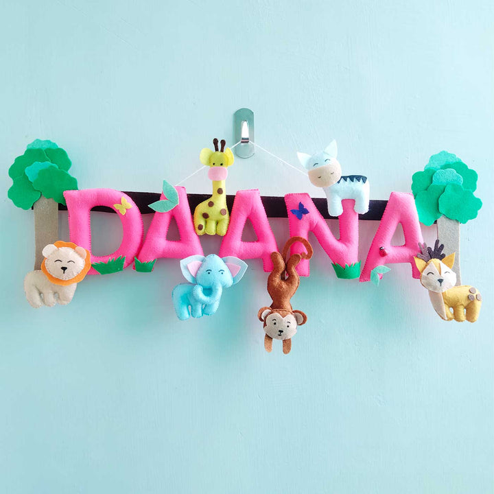 Personalized Pink Jungle Theme Felt Kids Name Plate