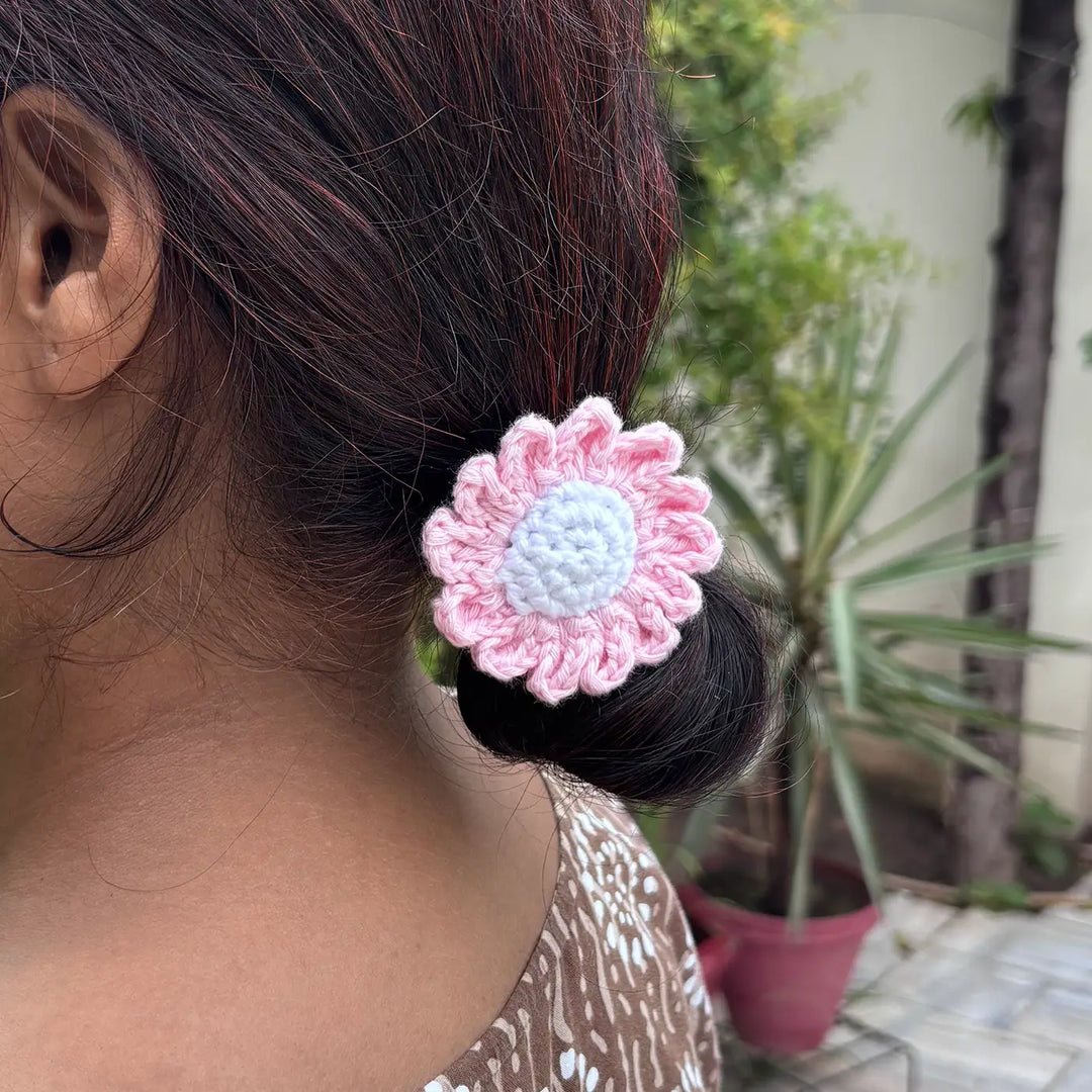 Handmade Crochet White Daisy Flower Design Cotton Hair Tie