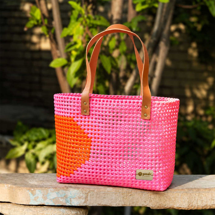 "Polka Twist" Pink And Orange Handmade Wire Koodai Tote Bag