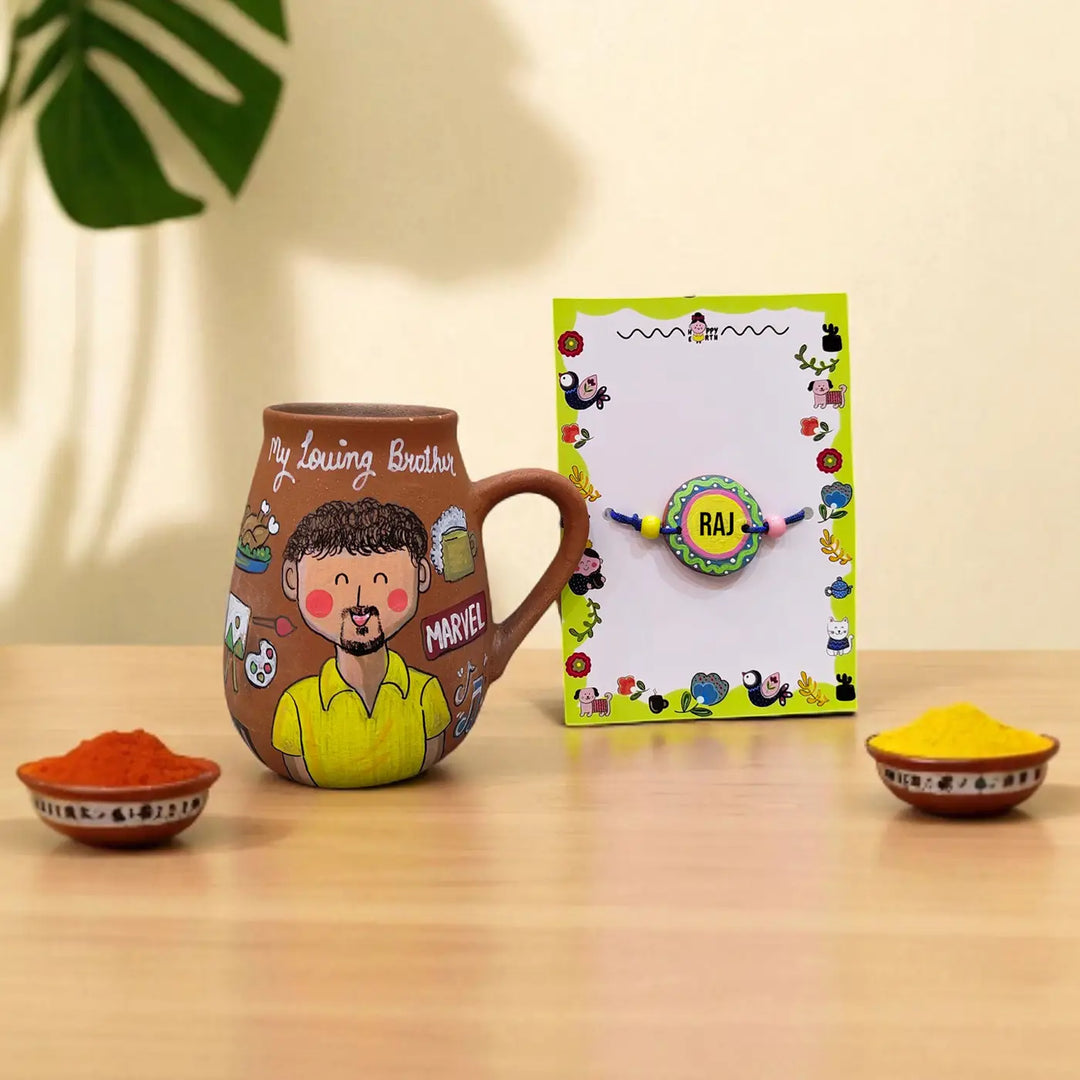 Photo Personalized Hobby Theme Terracotta Rakhi Hamper | Includes 1 Mug, 1 Rakhi