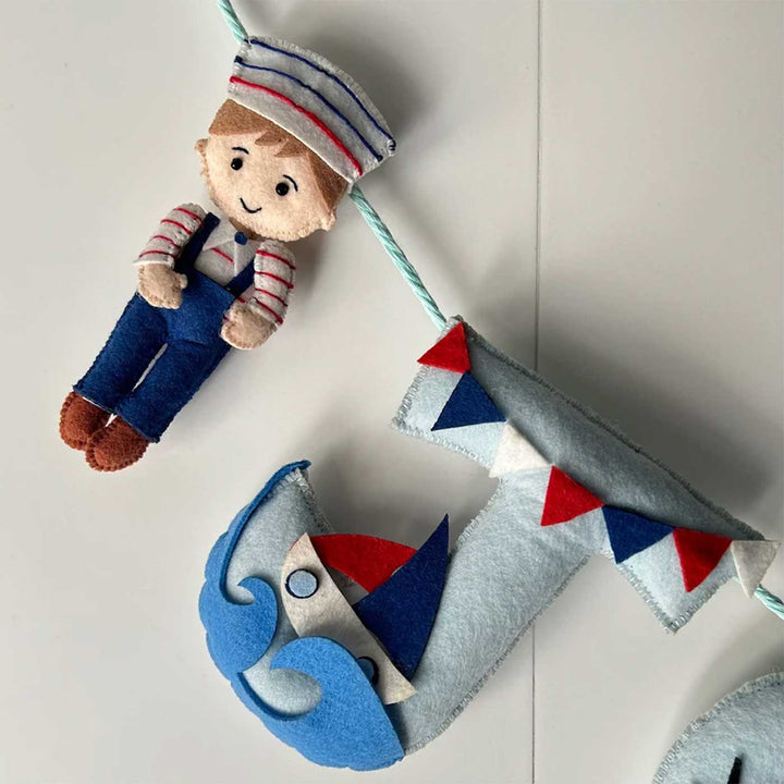 Personalized Nautical Felt Bunting Garland For Kids - Hanging Display Showing Product Details