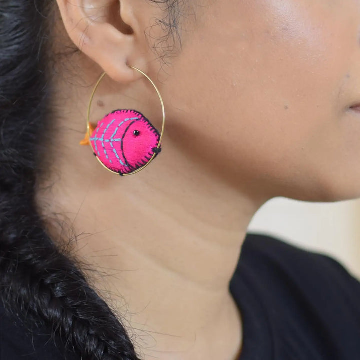 Handmade Textile Art Fish Shaped Hoop Dupion Silk Fabric Earrings
