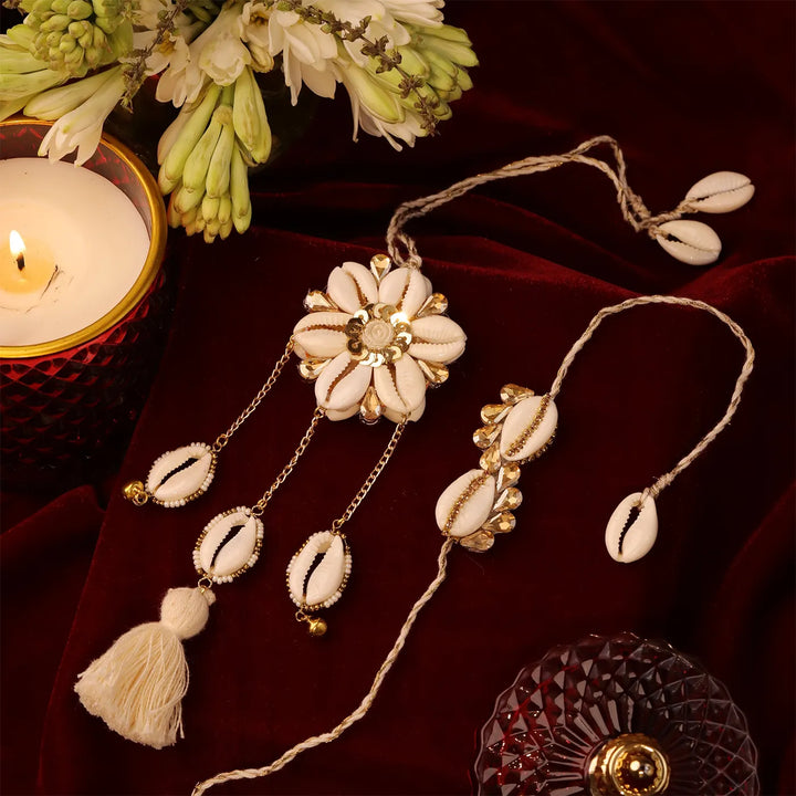 Handmade Golden Shell Flower Bhaiya Bhabhi Rakhi With Roli Chawal | Set Of 2
