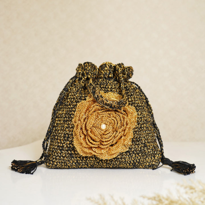 Handmade Crochet Black & Golden Midnight Bloom Potli