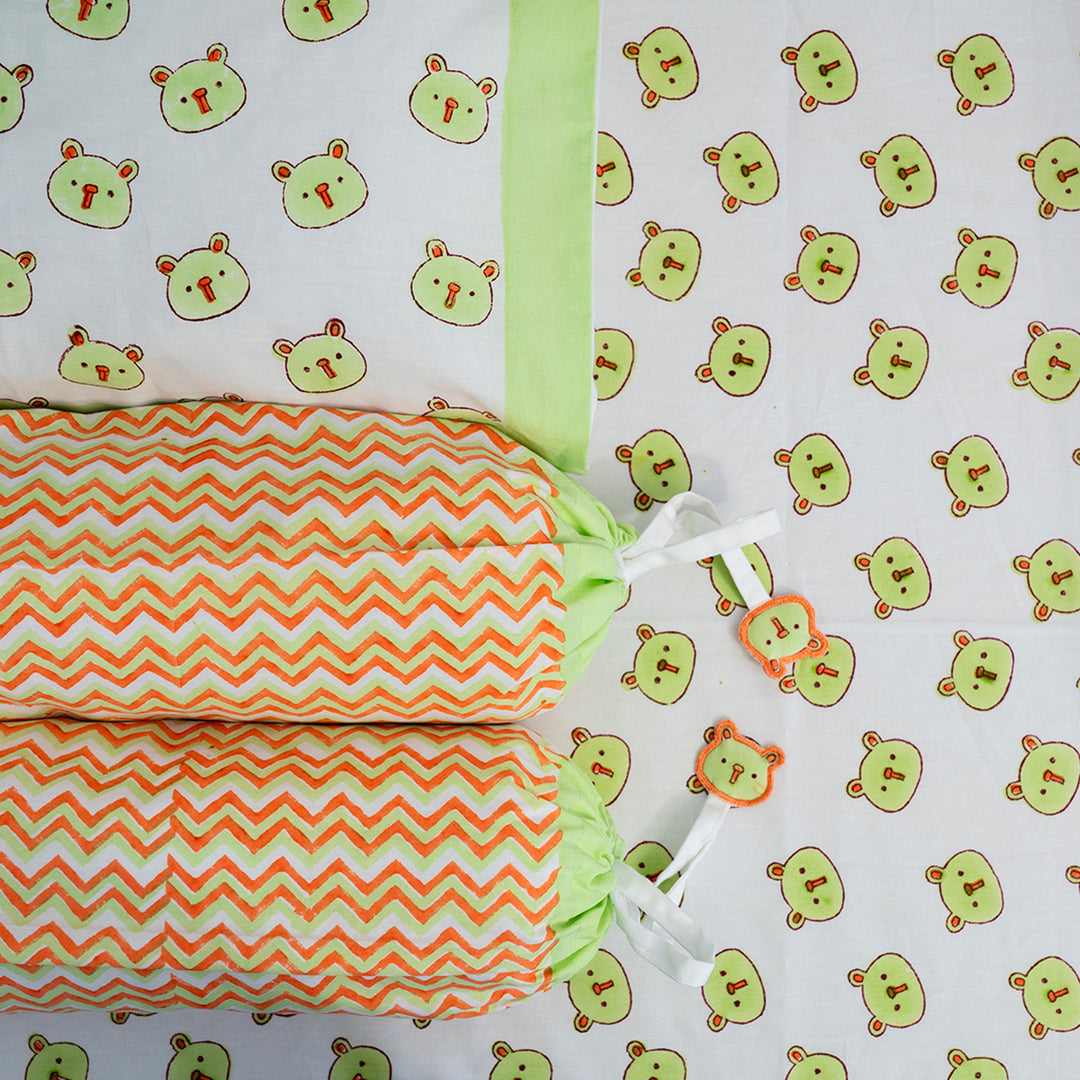 Green Panda Hand Block Printed Baby Bedding Cot Set