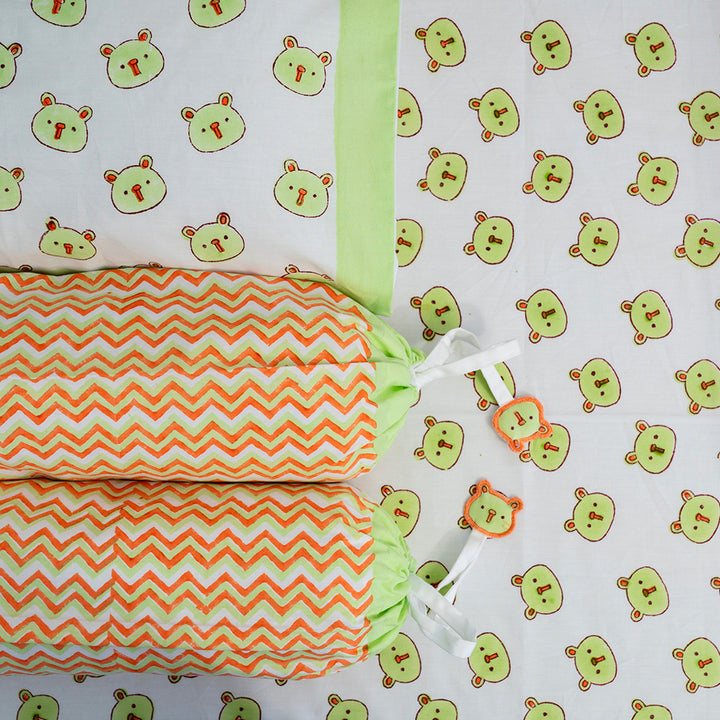 Green Panda Hand Block Printed Baby Bedding Cot Set