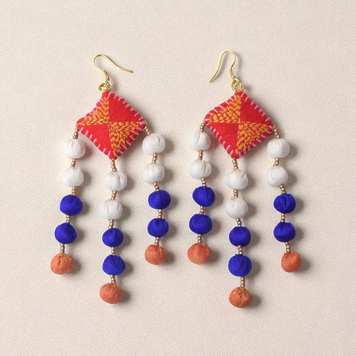 Handmade Textile Art Round Tassels Dupion Silk Fabric Earrings