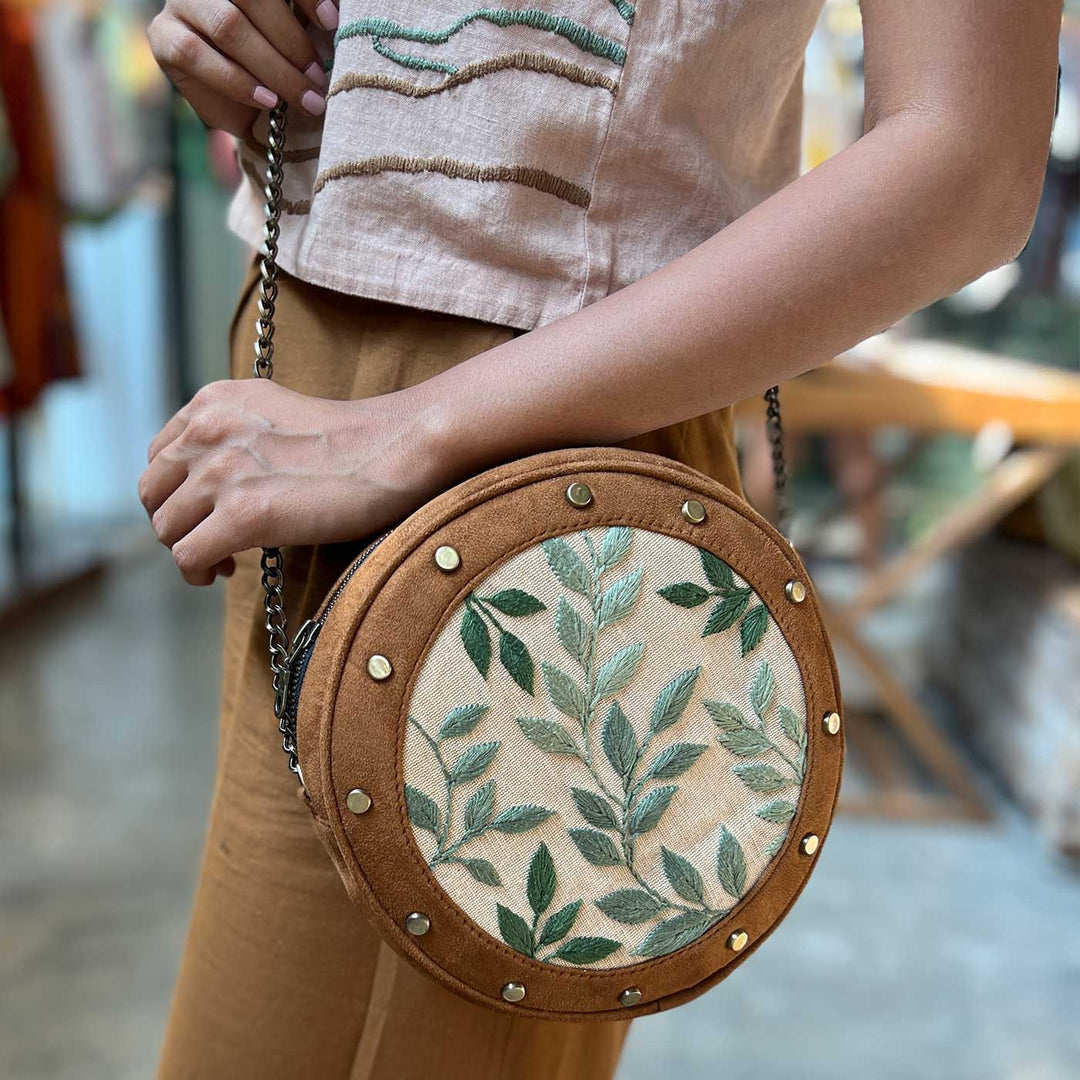 Personalized Embroidered Leafy Tan Stud Round Sling Bag