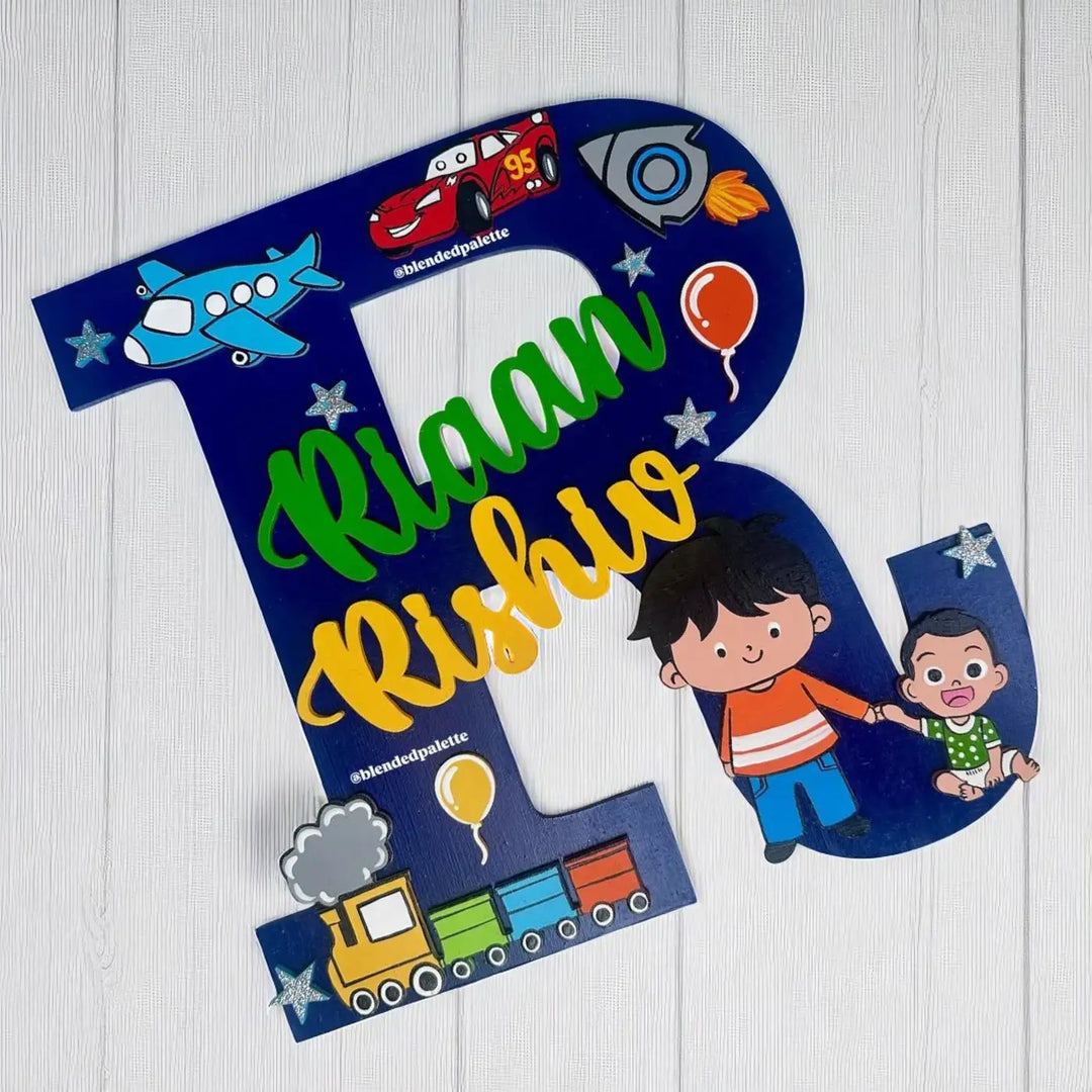 Personalized Initial Monogram MDF Wood Kids Name Plate For Siblings