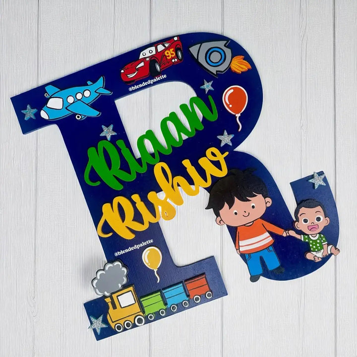Personalized Initial Monogram MDF Wood Kids Name Plate For Siblings