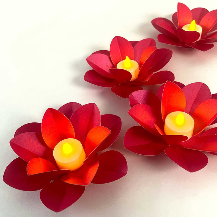 Handmade DIY Lotus Design Paper Tealight Holder With Electic Tealights | Set Of 4