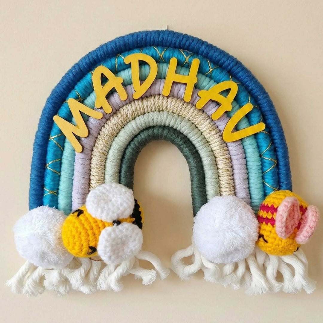 Personalized Macrame Rainbow & Bee Theme Kids Name Plate
