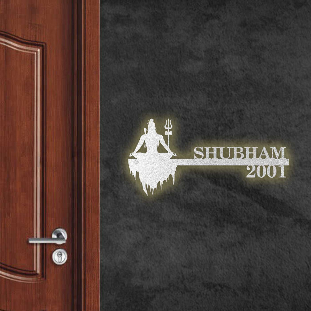 Personalized Sitting Shiva Laser Cut Metal Name Plate - Glowing Wall Mounted View