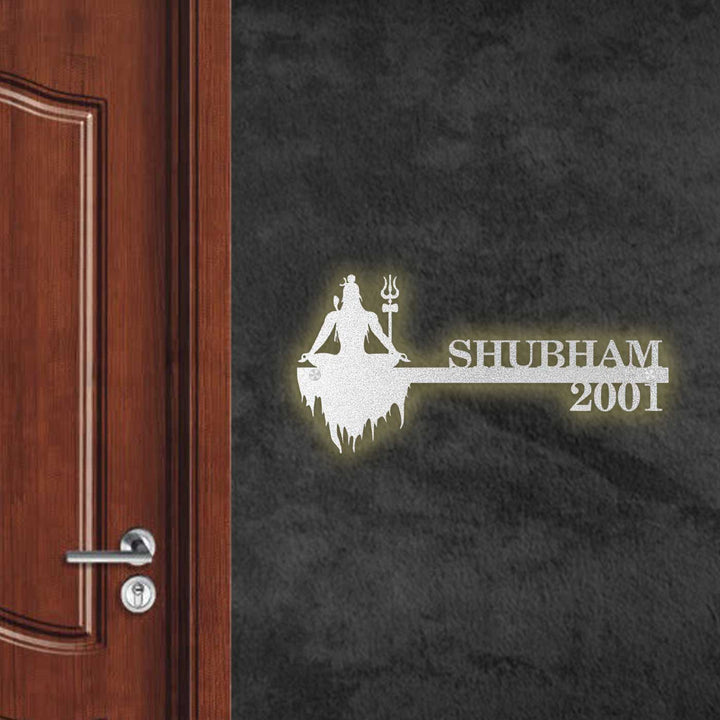 Personalized Sitting Shiva Laser Cut Metal Name Plate - Glowing Wall Mounted View