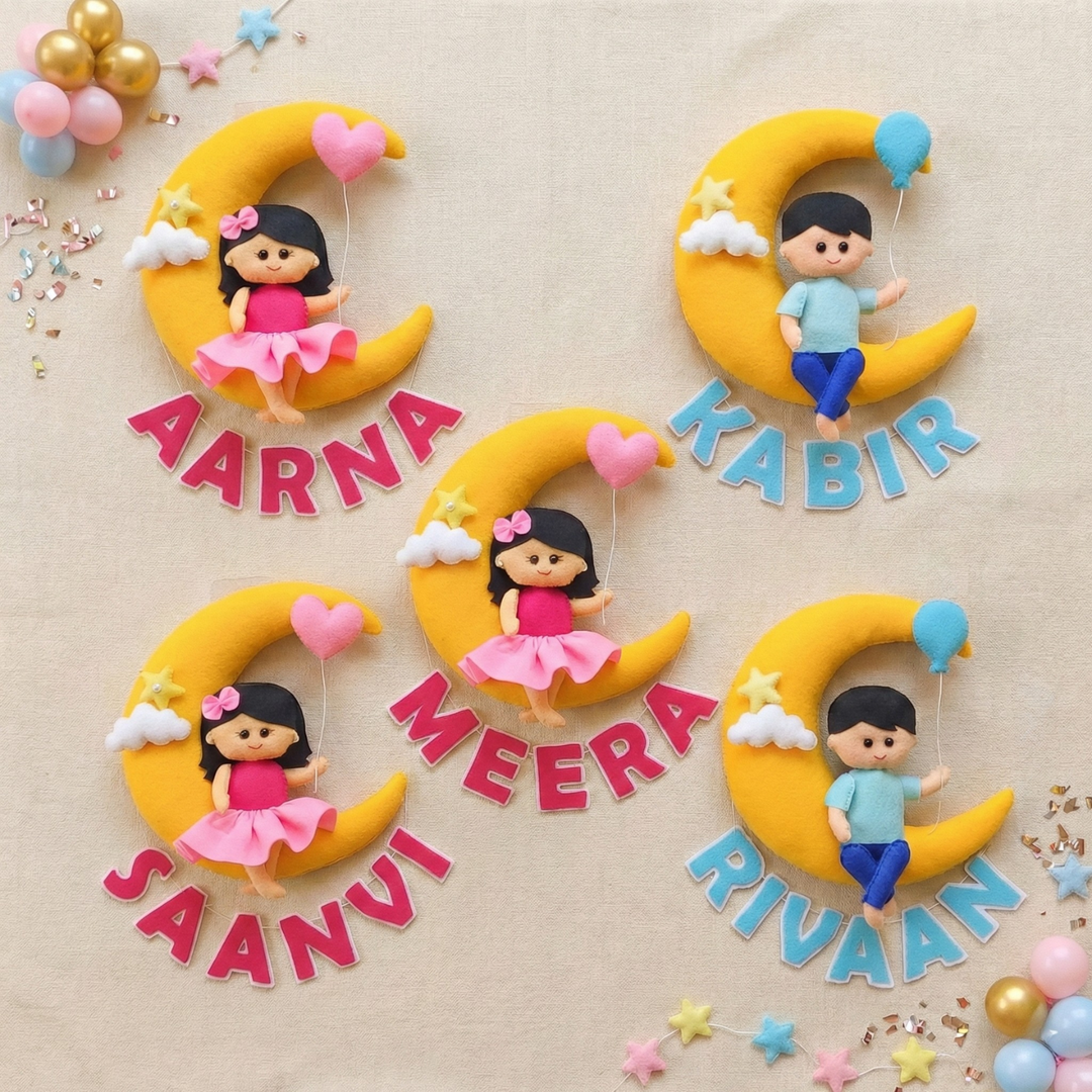 Personalized Handmade Baby On Moon Felt Kids Name Plate