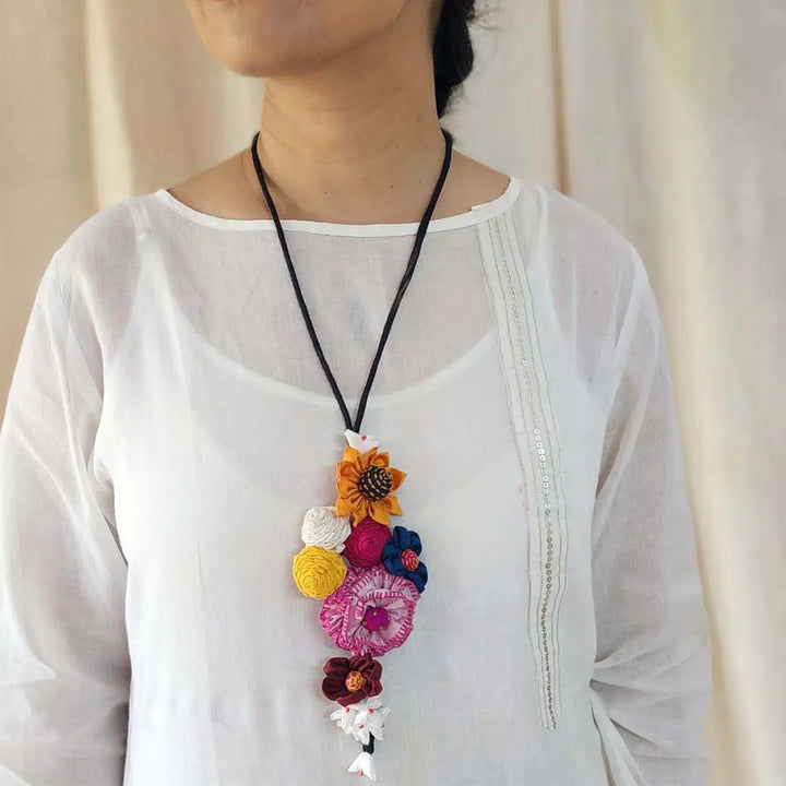 Handmade Textile Art Flowers & Dori Dupion Silk Fabric Necklace
