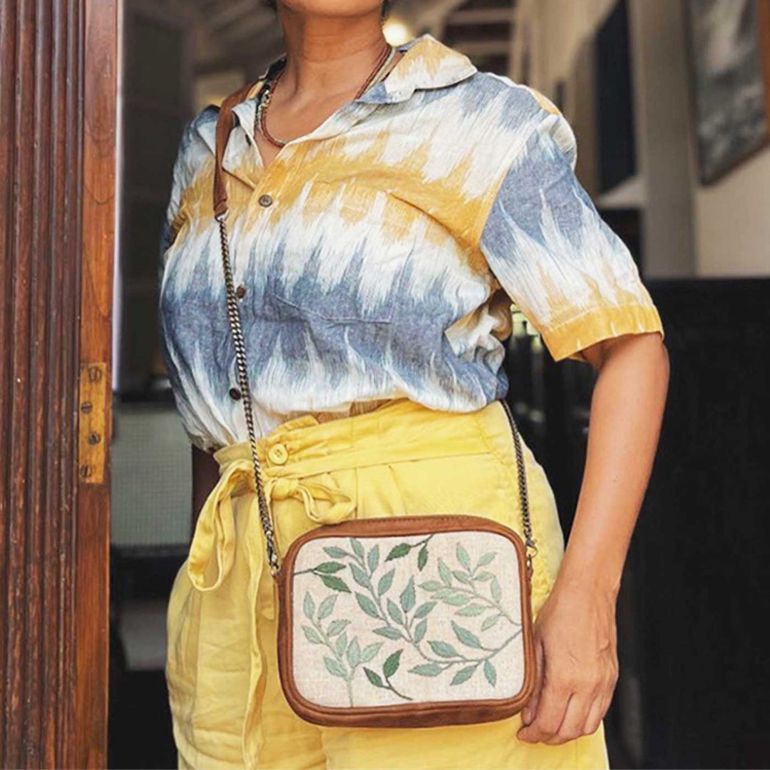 Personalized Embroidered Leafy Vegan Suede Sling Bag