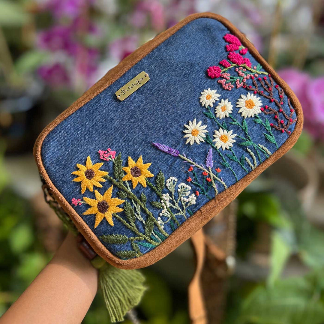 Personalized Embroidered Garden Denim Vegan Suede Sling Bag