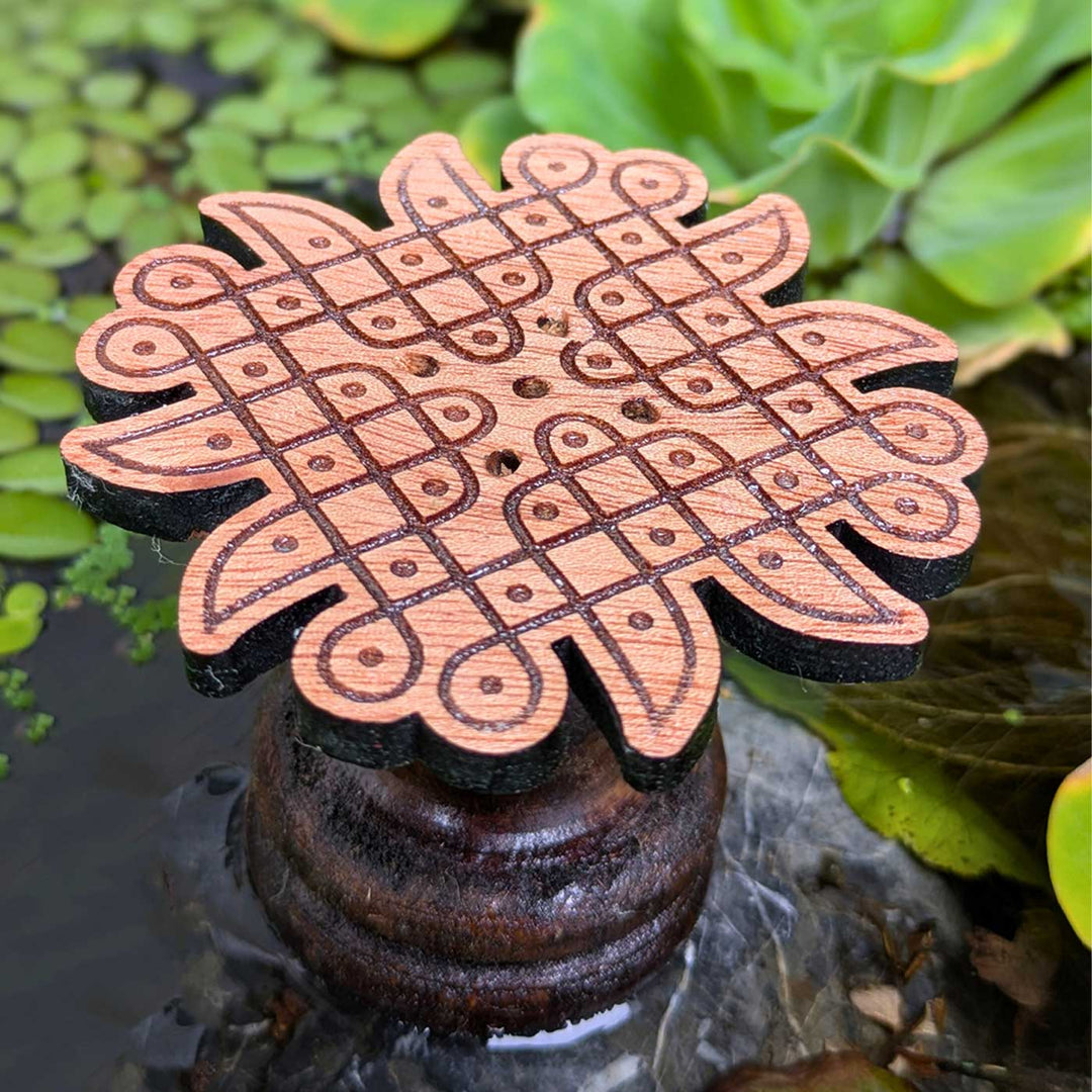 2 pc |  Engraved Four-Petal Mahogany Wood Kolam Agarbatti Holder For Pooja Room