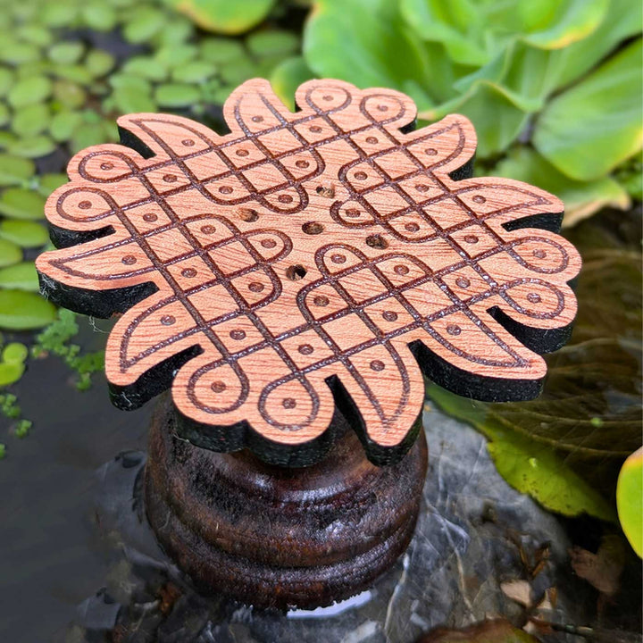 2 pc |  Engraved Four-Petal Mahogany Wood Kolam Agarbatti Holder For Pooja Room