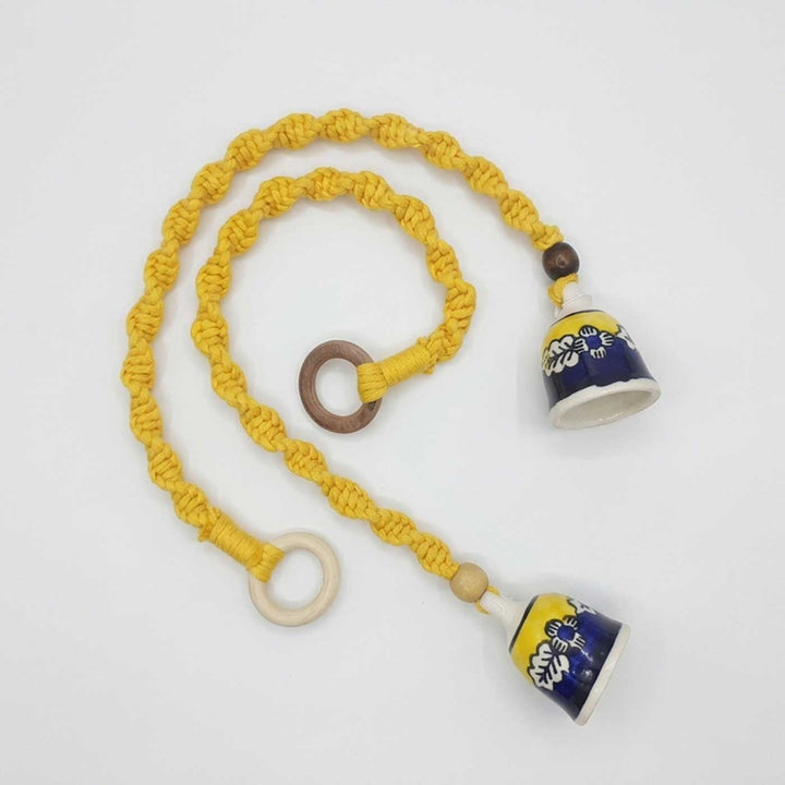 2 Pc | Macrame Handpainted Ceramic Bells Hanging With Wooden Rings & Beads