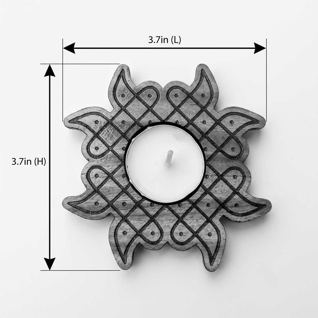 4 pc | Sunburst Hand-Engraved Mahogany Wood Kolam Tealight Holders
