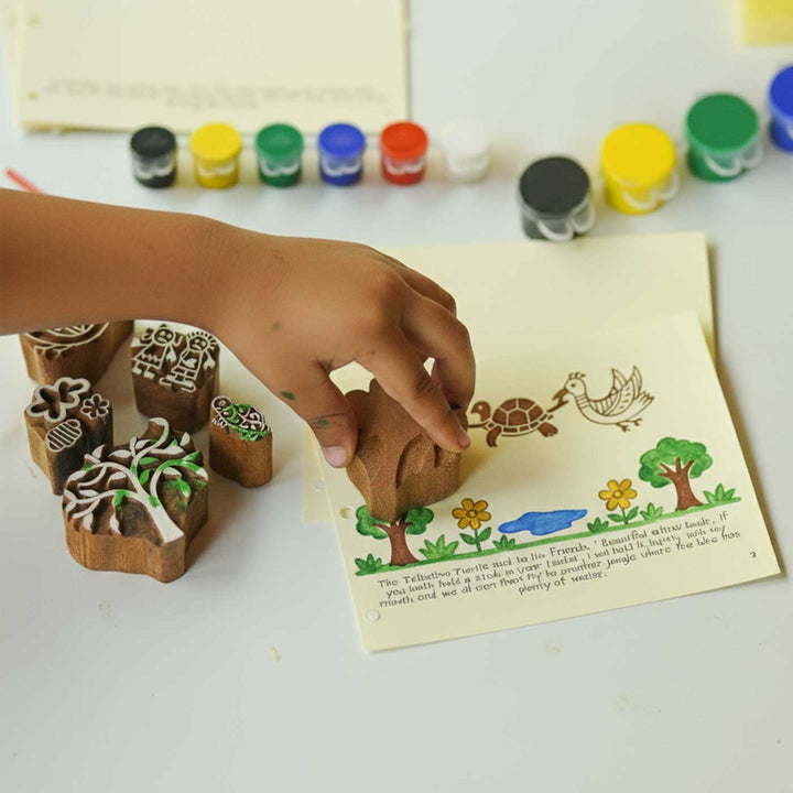 Talkative Turtle Panchatantra Block Printing DIY Kit | 5 Stamps, Poster Colours, Painting Brush, Printing Pads, Story Cards  And Jute String
