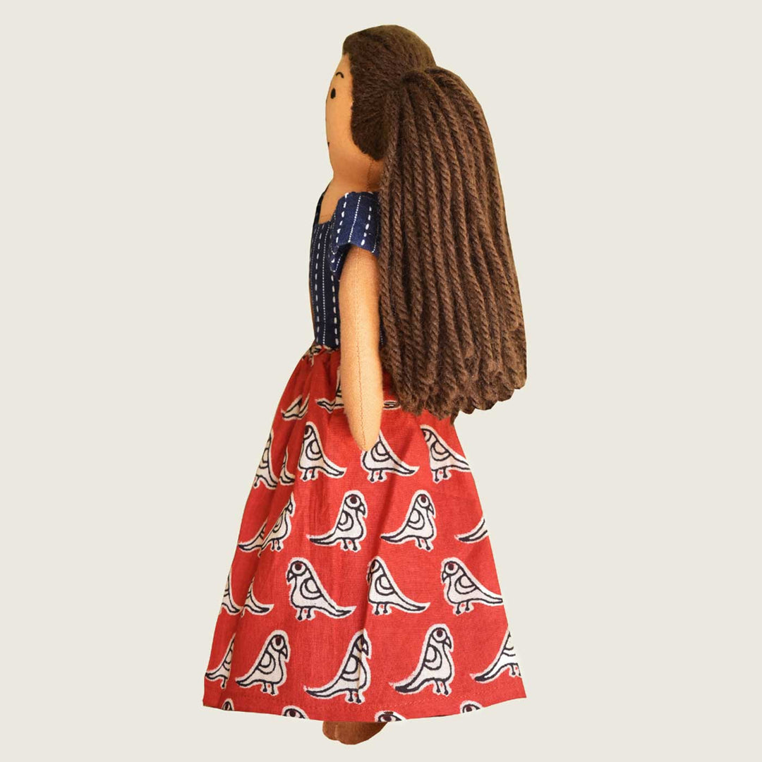Nilah's (Younger Sister) Mira In Blue & Red Dress | Soft Hand-Stitched Sustainable Indian Play Doll