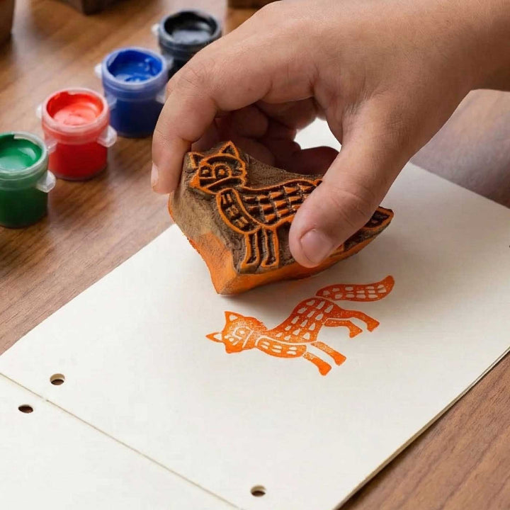 The Jackal and The Drum Panchatantra Block Printing DIY Kit | 5 Stamps, Poster Colours, Painting Brush, Printing Pads, Story Cards  And Jute String
