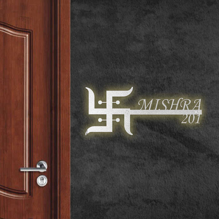 Personalized Swastik Laser Cut Metal Name Plate - Mounted on Wall beside Door