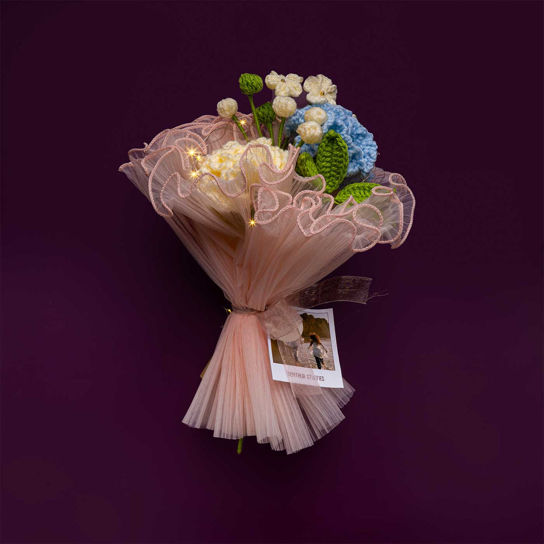 Handmade Crochet Morning Blue Flower Bouquet With Lights | Includes Photo & Greeting Card