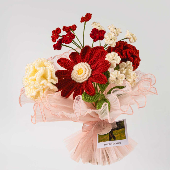 Handmade Crochet Bold Beauty Flower Bouquet With Lights | Includes Photo & Greeting Card