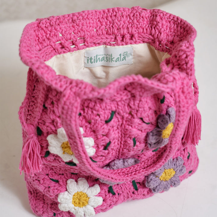 Handmade Crochet Pink Daisy Delight Potli