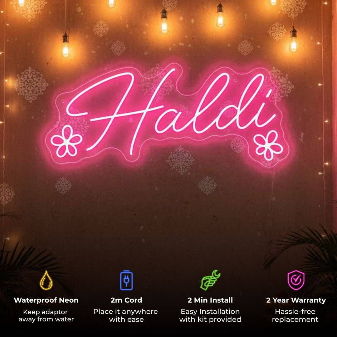 Personalized Handmade "Haldi" Neon Light Sign Board with Floral Motifs for Wedding Decor