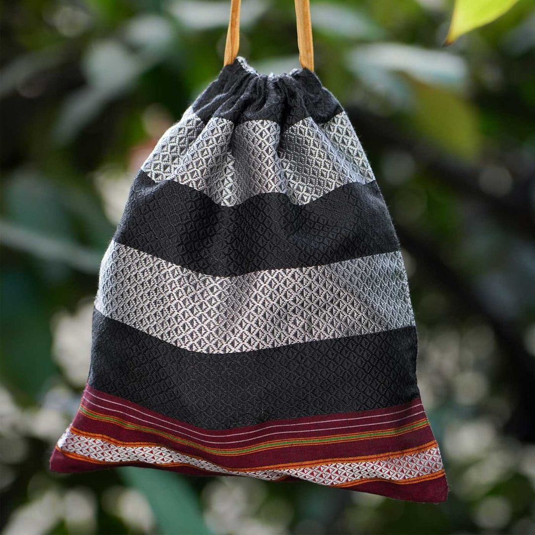 Handmade Black & Silver Khunn Fabric Cotton Thamboolam Potli with Maroon Border