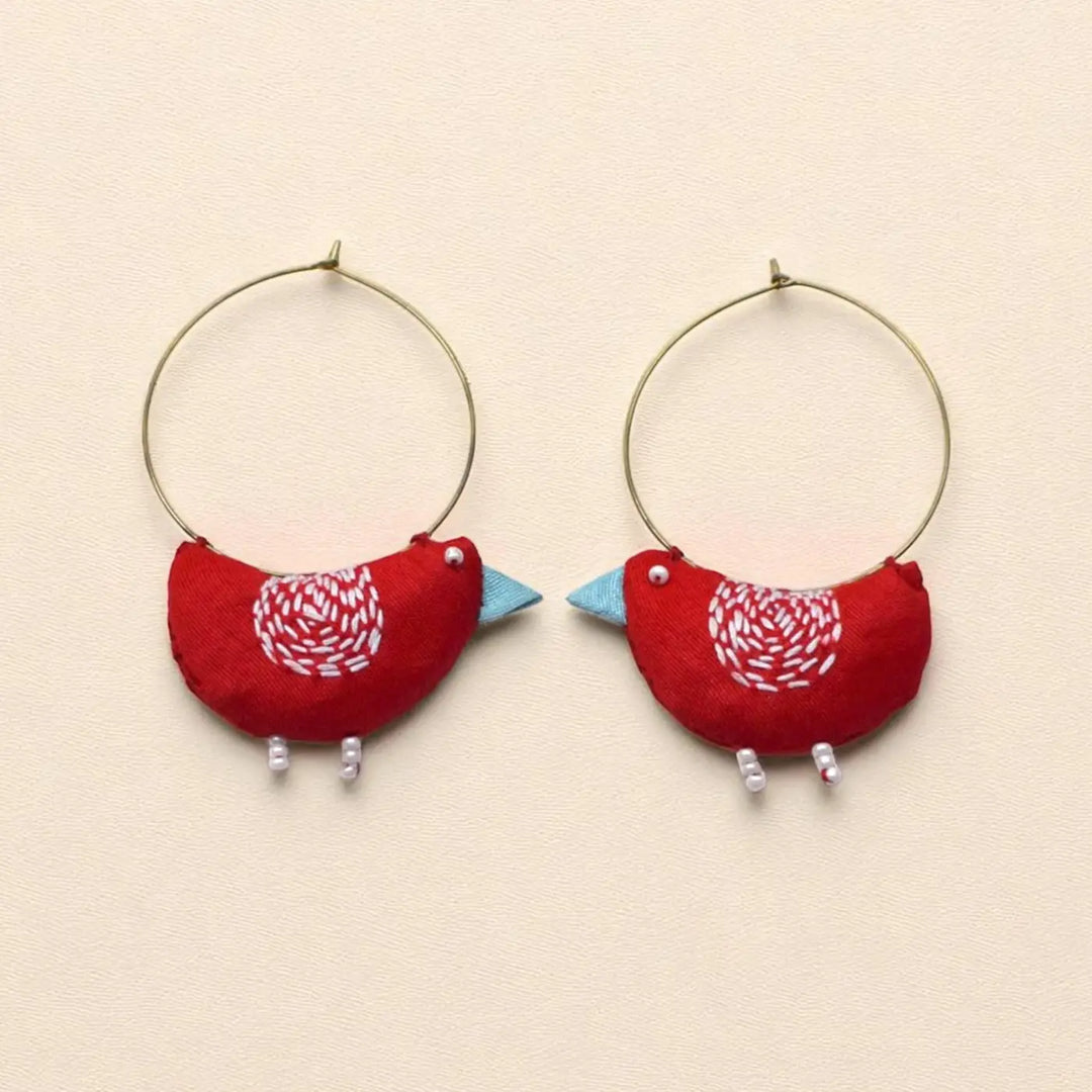 Handmade Textile Art Bulbul Bird Shaped Hoop Dupion Silk Fabric Earrings