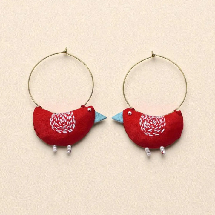 Handmade Textile Art Bulbul Bird Shaped Hoop Dupion Silk Fabric Earrings
