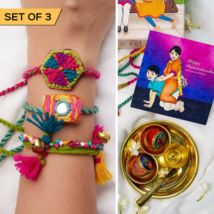 3 pc Rakhi + Brass Thali Set | Premium Chintoo Embroidered Rakhi Set with Roli Chawal