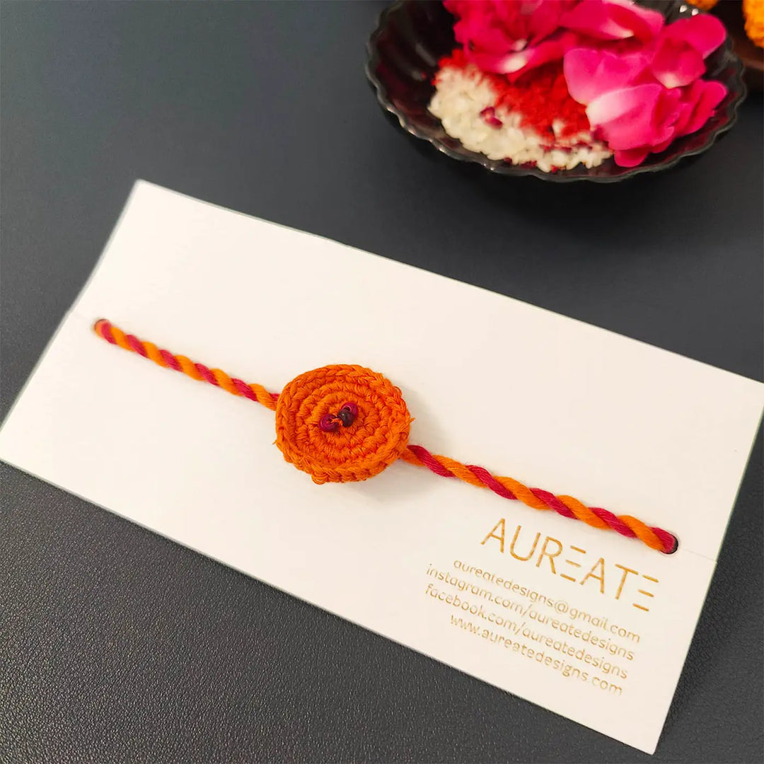 Handmade Crochet Beaded Round Rakhi With Roli Chawal