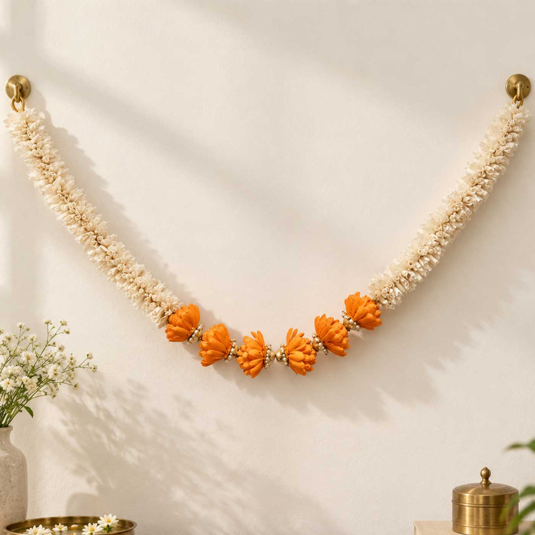 Handmade Marigold Champai Orange & Ivory Sola Wood Flower Toran with Pearl Beads