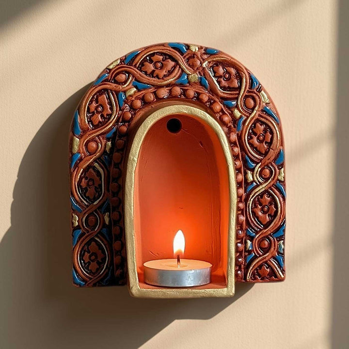 Hand-Painted "Royal Blue Arch" Terracotta Wall Decor Tealight Holder With Gold Detailing For Festive Decor