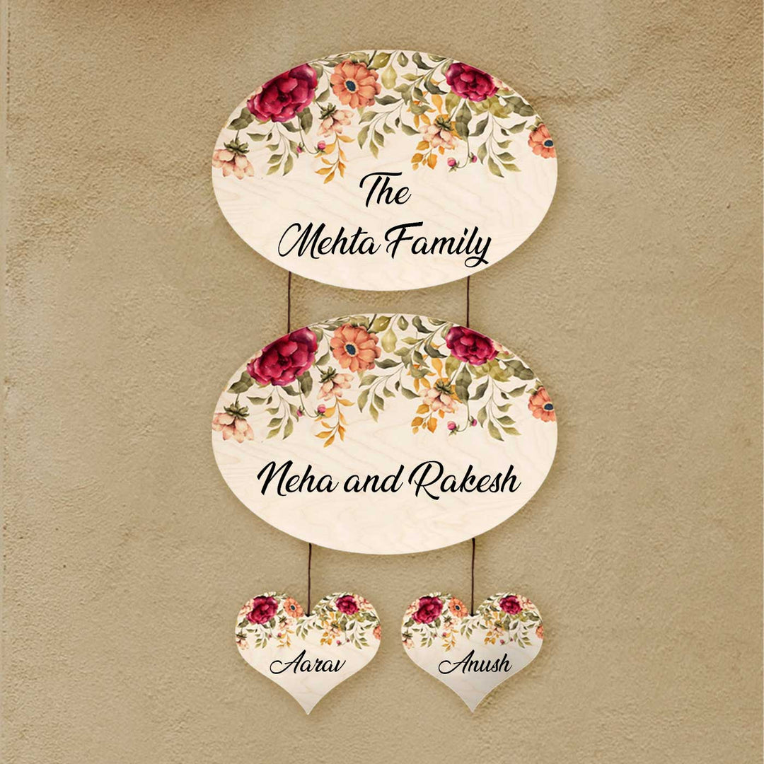 Printed Red & Orange Floral Wooden Oval Nameplate For Family