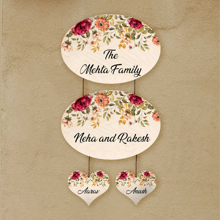 Printed Red & Orange Floral Wooden Oval Nameplate For Family