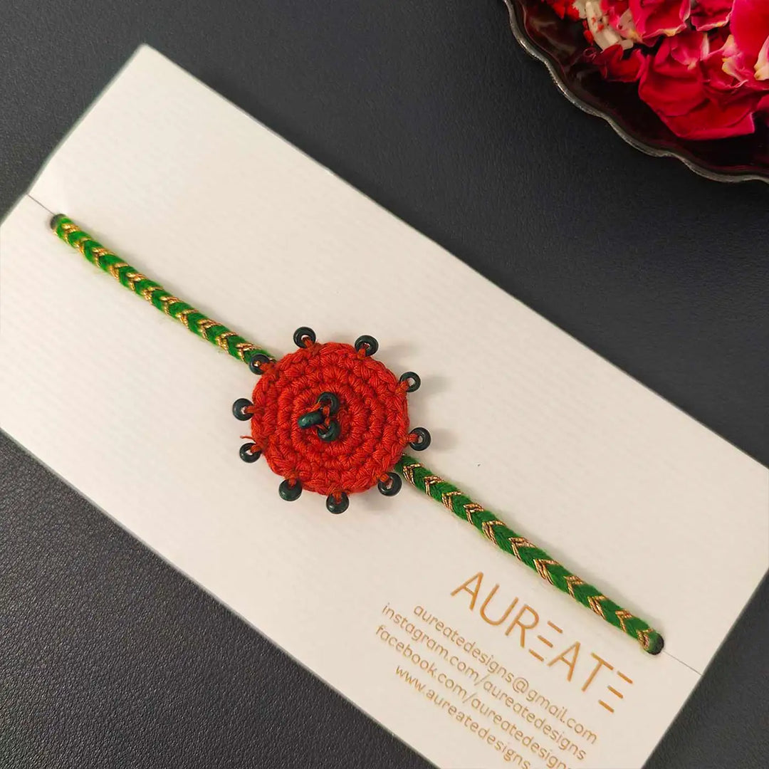 Handmade Crochet Beaded Round Ethnic Rakhi With Roli Chawal